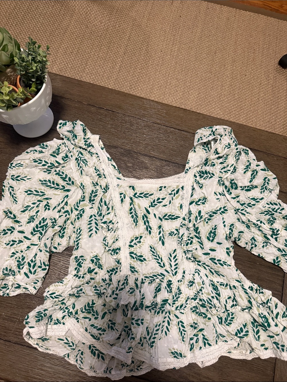 Skies Are Blue White Blouse with Green Leaf Print and Lace Trim